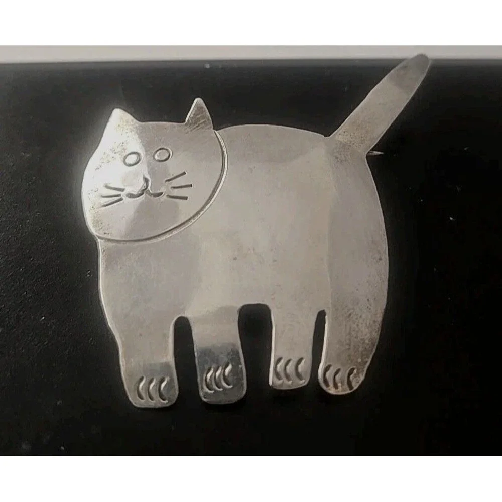 Vintage 925 Sterling Silver 9.2 Grams Cat Design Brooch Pin 1 5/8